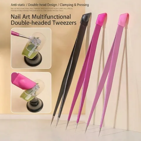 Pinzette Di Precisione A Doppia Testa Per Nail Art In Acciaio Inossidabile Antistatiche Testina In Silicone Strumenti Manicure