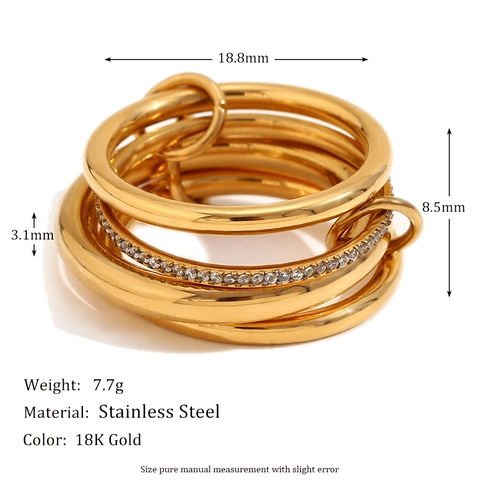 Interlocking Multi Layer Linked Rings Stainless Steel 18K Gold Plated Zircon Inlaid Stackable Fashion Jewelry For Women