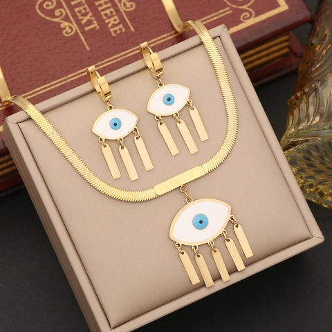 Böser Blick Schmuck Edelstahl Vergoldet Emaille Flache Schlangenkette Quaste Lucky Brief Halskette Ohrringe Armband Ring
