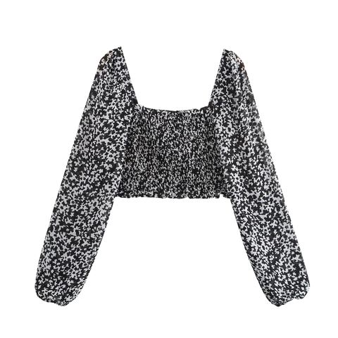Chiffon Smocked Crop-Top Und A-Linien-Maxirock Lange Laternenärmel Blumenmuster Eckiger Ausschnitt Vintage