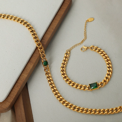 Vintage Stainless Steel Cuban Chain Jewelry Set For Women Gold Plated Green Geometric Zirconia Pendant Necklace Bracelet