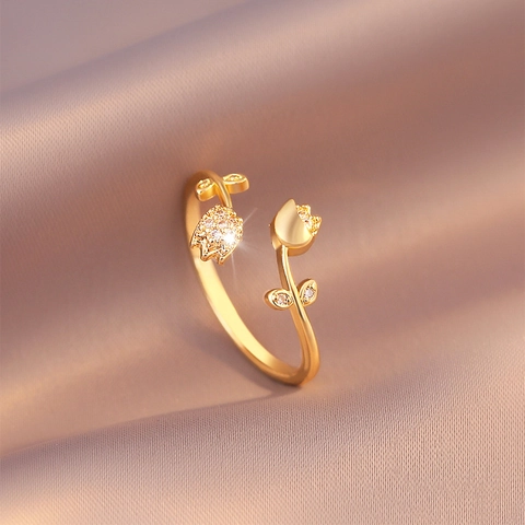 Anillo Ajustable Abierto Flor De Tulipán Cobre Micro Pavé Circón Hoja Joyería Estilo Francés Minimalista