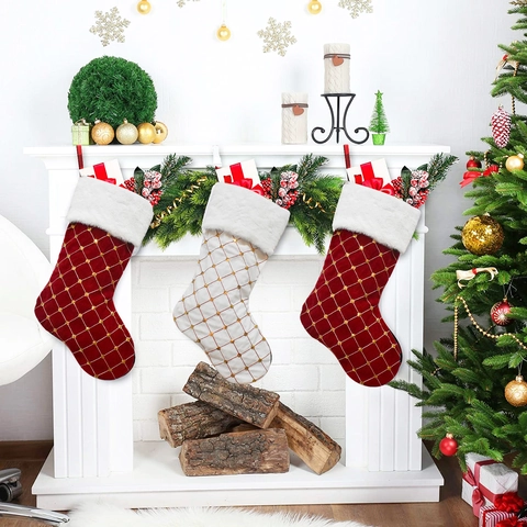 Christmas Stockings Quilted Diamond Pattern With Gold Sequins And Faux Fur Cuff Fireplace Hanging Decor Holiday Gift Bag