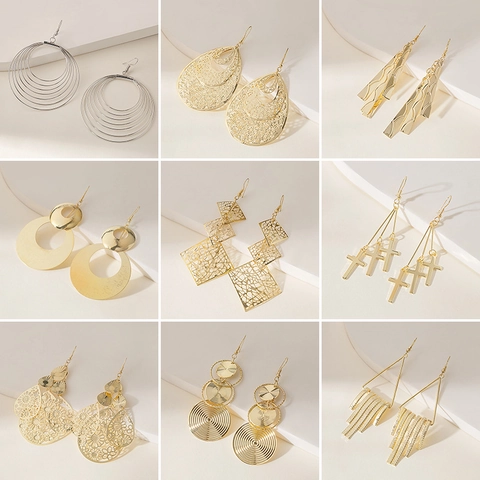 Uitgeholde Geometrische Hangende Oorbellen Voor Dames Boheemse Gelaagde Legering Sieraden Met Roestvrijstalen Oorsteker