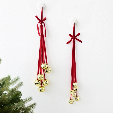 Ornamenti Sospesi Con Campana In Ferro Dorato Di Natale Fiocco In Nastro Di Velluto Rosso Stella Cava Per Decorazioni Per Porte
