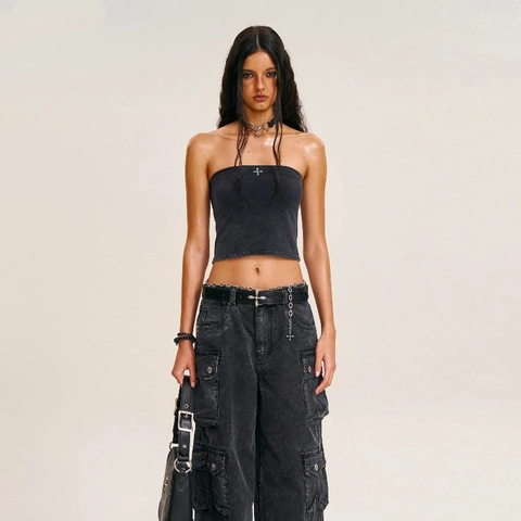 Top A Tubo Da Donna In Cotone Lavato Stile Retro Y2K Ricamo A Croce Vestibilità Aderente Streetwear Fascia