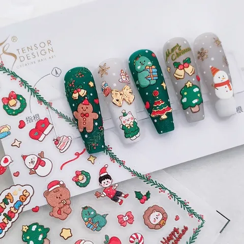Christmas Relief Nail Stickers Embossed Santa Snowman Gingerbread Man DIY Manicure Decals Adhesive Festive For Women