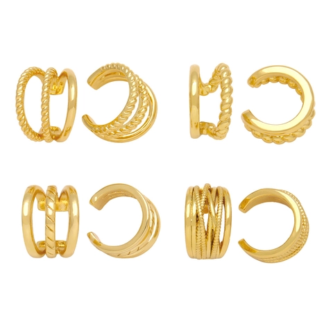 Gold Plated Copper C-Shaped Ear Cuffs Non-Pierced Multi-Layer Twisted Rope Geometric Punk Earrings For Women