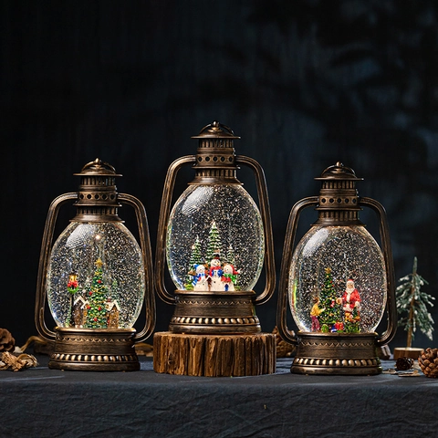 Retro Christmas Snow Globe Lantern Musical LED Water Swirling Lamp Holiday Home Decor Santa Snowman Tree Bronze Plastic