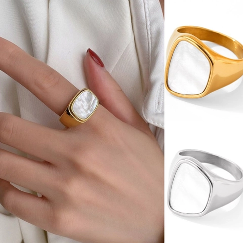 Geometric Stainless Steel Ring With White Mother Of Artificial Pearl Inlay Minimalist Square Shell Finger Jewelry For Women