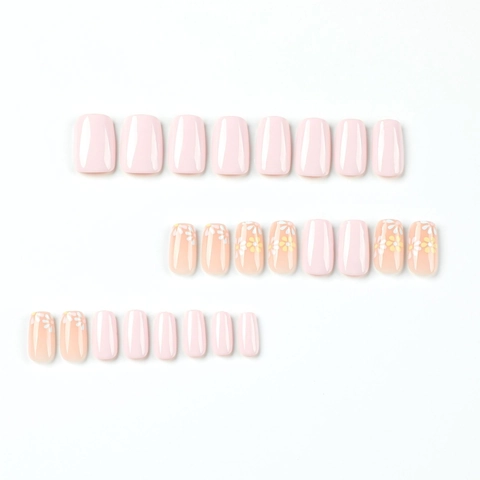 Pink Daisy Flower Press On Nails Square Short Full Cover Glossy Plastic Fake Nails With Glue For Women Sweet Elegant Style
