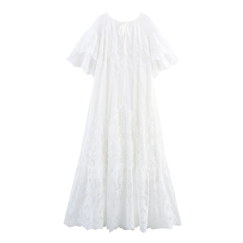 Elegante Abito Lungo In Pizzo Bianco E Mesh Retrò Francese Dolce Girocollo Maniche Corte Ricamo Abito Lungo Da Fata