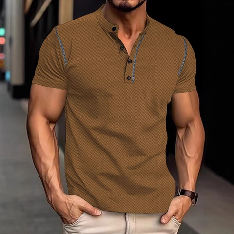 Camicia Henley Vintage Da Uomo Maglia A Nido D'ape Manica Corta Traspirante Casual Business Polo Top Bordi Contrasto