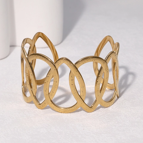 Bracciale Rigido Largo Acciaio Inossidabile Cavo Geometrico Intrecciato Texture Martellata Aperto Regolabile Gioielli Donna