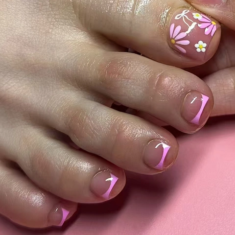 Pink Purple Press On Toe Nails French Tip Daisy Bow Glossy ABS Detachable Full Cover Fake Toenails For Women Summer