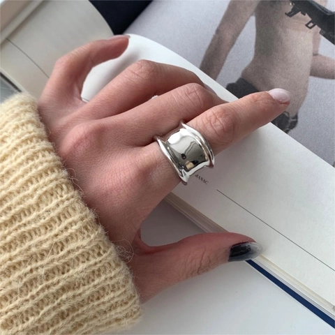 Minimalist Irregular Wide 925 Sterling Silver Open Adjustable Ring Geometric Statement Jewelry Women
