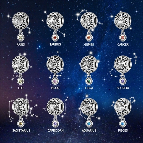925 Sterling Silver Twelve Constellations Charms Beads Hollow Star Zodiac Zirconia Pendants For DIY Bracelet Necklace
