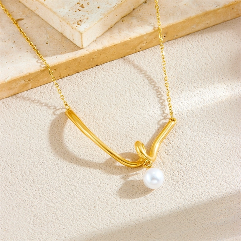 Collana In Acciaio Inossidabile Placcato Oro Per Donna Elegante Ciondolo A Forma Di V Intrecciato Con Perla Artificial Bianca