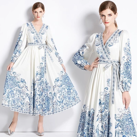 Elegante Maxi Jurk Met V-Hals En Lange Mouwen Polyester Paisley Bloemenprint Taillestrik Boho Vintage Stijl