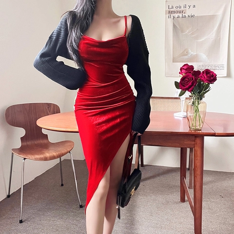 Velvet Midi Dress Spaghetti Strap Cowl Neck Ruched High Slit Slim Fit Elegant Party Evening For Women