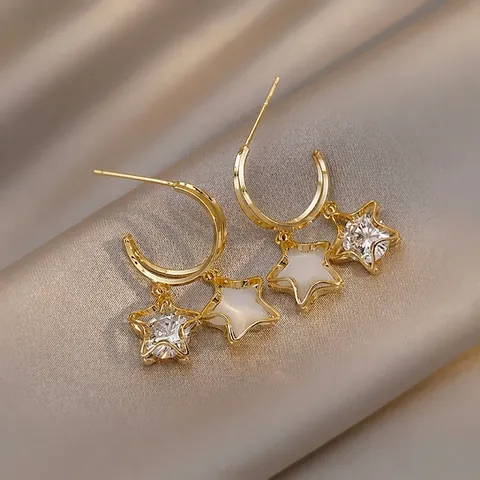 Orecchini a Pendente a Stella in Rame Oro Moda per Donna Con Perno in Argento Sterling 925 Strass Perla Artificiale Intarsiata Gioielli