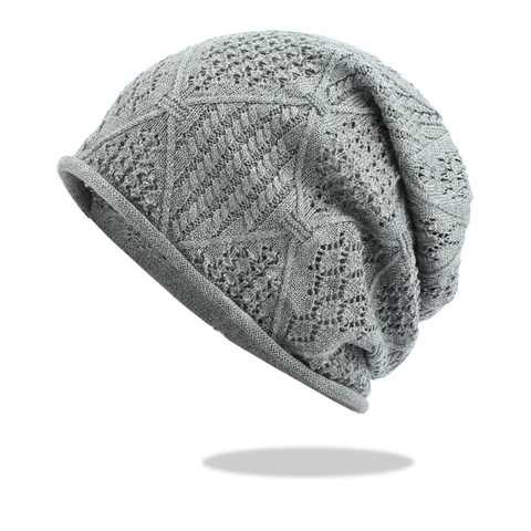 Slouchy Beanie Hat Acrylic Knitted Hollow Pointelle Diamond Pattern Breathable Lightweight Autumn Winter For Women