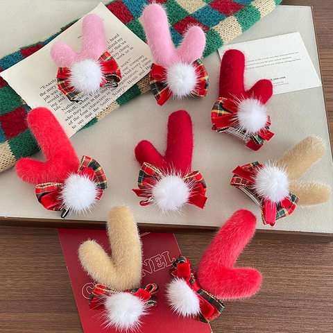 Mollette Per Capelli Con Corna Di Renna Natale Peluche Fiocco Scozzese Morbido Copricapo Festivo Per Ragazze Forme Di Corna