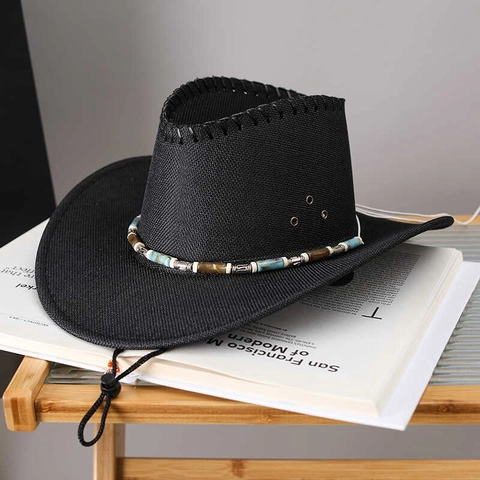 Western Cowboy Hat Straw Weave Breathable Beaded Band Adjustable Chin Strap Summer Retro Sun Hat For Women Men