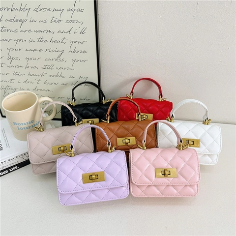 Women'S Pu Leather Solid Color Cute Square Lock Clasp Handbag