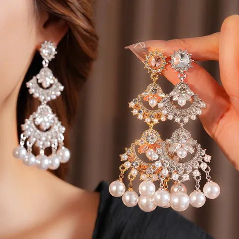 Pendientes Borla Perlas Artificiales Araña Aleación Diamante Imitación Forma Abanico Estilo Corte Retro Joyería Con Poste Plata
