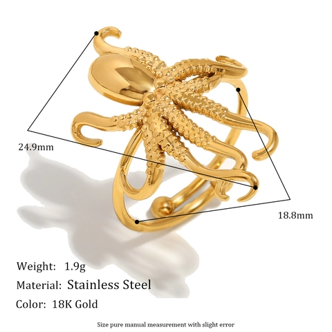 Octopus Open Ring Stainless Steel 18K Gold Plated Unique Ocean Series Adjustable Jewelry For Women