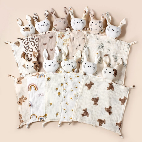 Baby Security Blanket Muslin Cotton Soft Breathable Toy Animal Bunny Head For Infants Toddlers Soothing Comfort Blanket