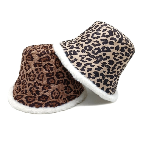 Dames Omkeerbare Luipaard Bucket Hat Pluche Namaakbont Winter Warm Winddicht Outdoor Modieuze Zachte Muts