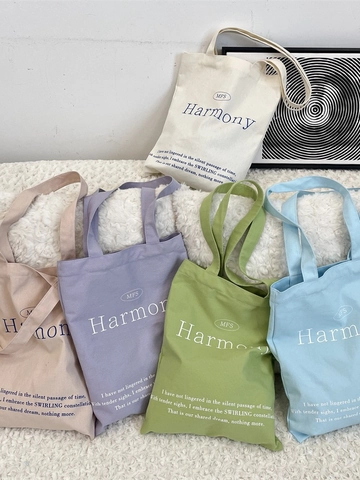 Sac Fourre-Tout En Toile Pour Femmes Grande Capacité Imprimé Lettres Graphique Sac À Épaule Style Coréen Sac À Main Pour Shopping Quotidien