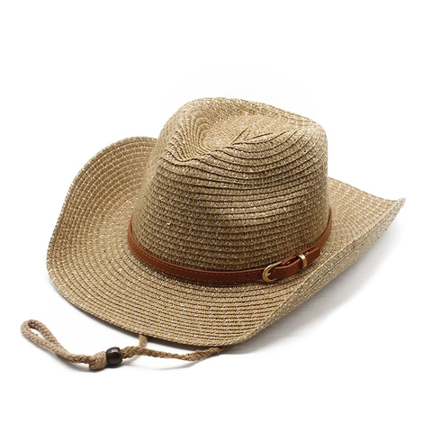 Sombrero De Paja Cowboy Panamá Ala Ancha Western Vintage Con Cinturón De Cuero Cordón Cortavientos Ajustable