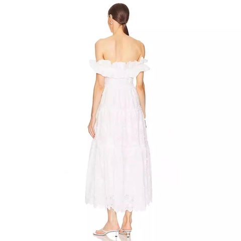 Off-The-Shoulder Kant Borduurwerk Maxi Jurk Ruches Gelaagde Opengewerkt Split Elegante Party Zomerjurk