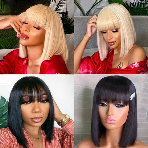 Women Short Straight Bob Wig With Flat Bangs Synthetic Heat Resistant Fiber Hair Black Gold Pink Gray Daily Cosplay Wig
