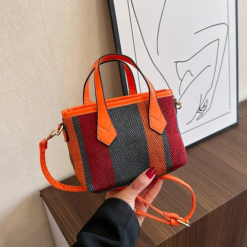 Striped Canvas Woven Handbag For Women Small Contrast Color Tote Bag With Detachable PU Leather Shoulder Strap