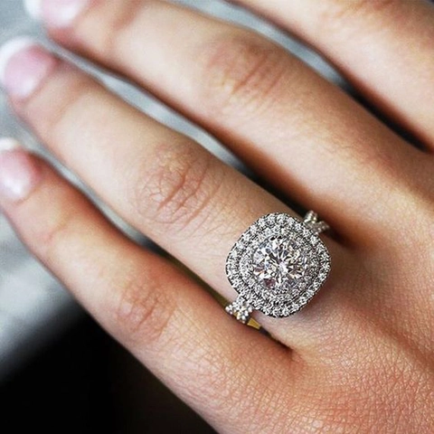 Double Halo Engagement Ring Round Cut Zircon Copper White Gold Plated Luxury Micro Pave Wedding Band For Women