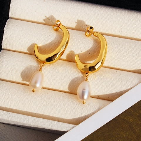 Pendientes De Gota Vintage Franceses Latón Chapado En Oro Geométrico Con Perla Artificial De Agua Dulce Y Poste De Plata De Ley 925
