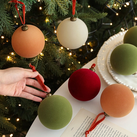 Bolas De Navidad Flocadas Textura Terciopelo Adornos Colgantes Árbol Decoración Festiva Hogar Estilo Vintage