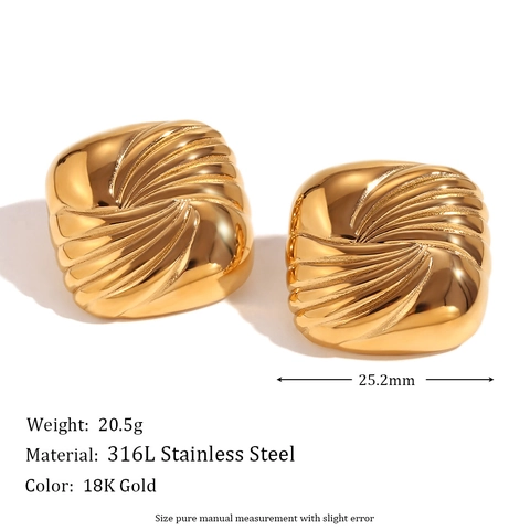 Square Stud Earrings 18K Gold Plated Stainless Steel Geometric Spiral Water Ripple Texture Vintage Fashion For Women
