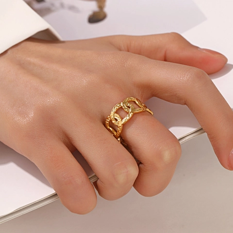 Anillo De Cadena De Acero Inoxidable Martillado Ajustable Abierto Estilo Hip Hop Punk Joyería Chapada En Oro Para Mujer