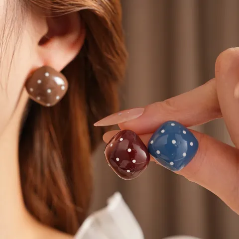 Retro Polka Dot Square Stud Earrings Alloy Glazed Geometric Vintage Ear Jewelry With Silver Earring Post