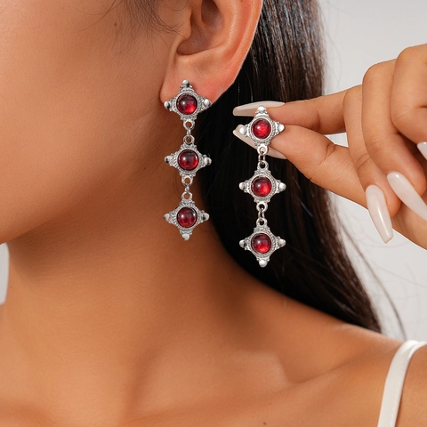 Retro Bohemian Dangle Earrings With 925 Sterling Silver Earring Post Red Resin Round Geometric Alloy Jewelry For Women