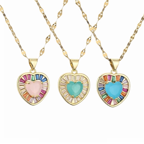 Colorful Heart Pendant Necklace Copper Micro Pave Cubic Zirconia Sweet Fashion Jewelry For Women Elegant Clavicle Chain