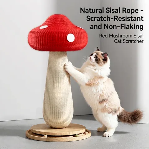Mushroom Cat Scratcher Post Natural Sisal Rope Grinding Claws Kitten Toy Pine Wood Base Interactive Fun Red White Cute Style
