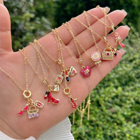 Mode Ketting 18K Verguld Koper Kleurrijke Emaille Zirkonia Hoge Hakken Lippenstift Hart Shopping Sieraden Voor Dames