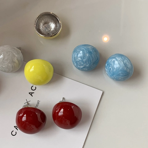 Retro Round Ball Stud Earrings Alloy Resin Marble Pattern With Silver Earring Post Minimalist Style For Women