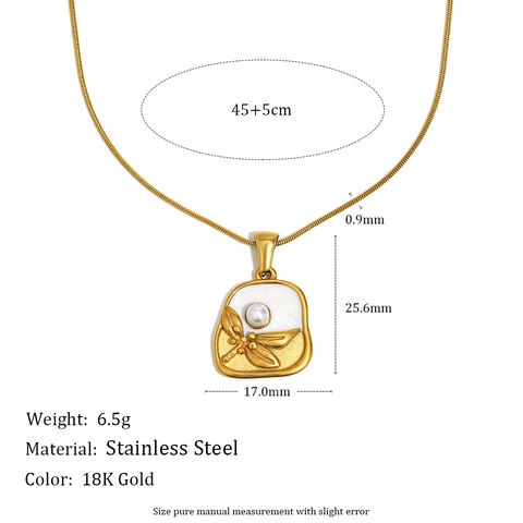 Collar Colgante Mariposa Libélula Acero Inoxidable Chapado Oro 18K Gota Aceite Blanca Perla Artificial Imitación Joyería Vintage Mujer